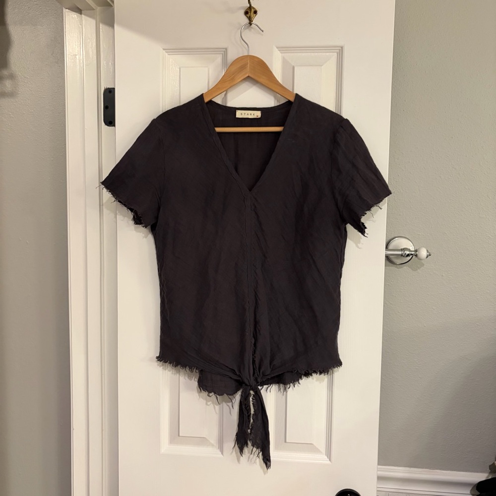 Stark X Distressed Gauze Tie Front Top Charcoal Small